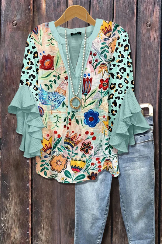 Mixed Floral Print Ruffle Bell Sleeve Top