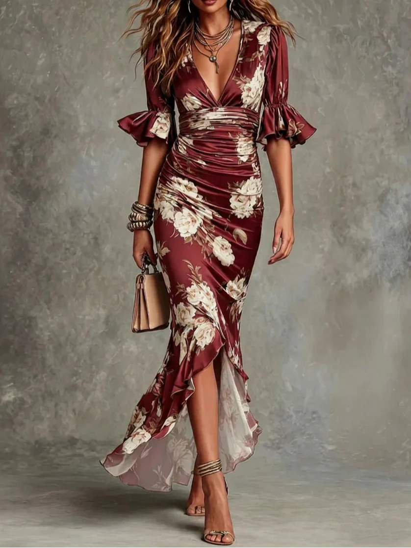 Green Floral Ruffled Bell Sleeve V-neck Satin Asymmetrical Maxi Dress