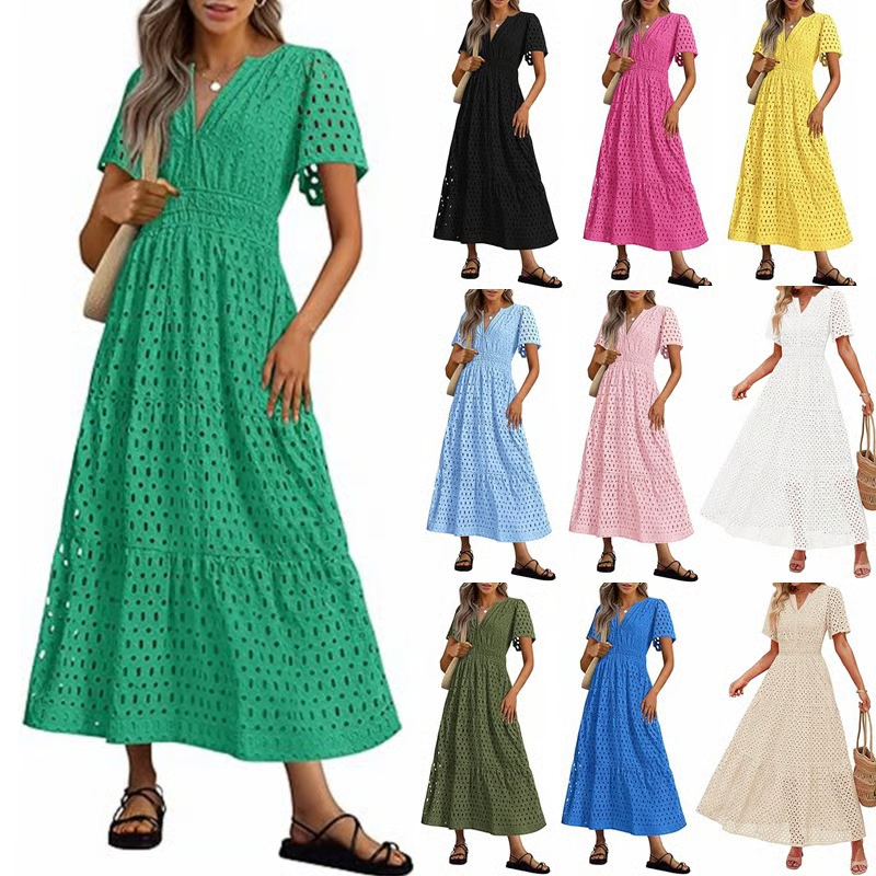 2025 Womens Summer V Neck Maxi Dress Short Sleeve Hollow Out Flowy Beach Dress
