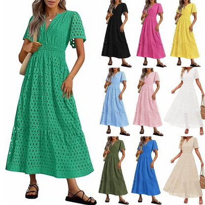 2025 Womens Summer V Neck Maxi Dress Short Sleeve Hollow Out Flowy Beach Dress