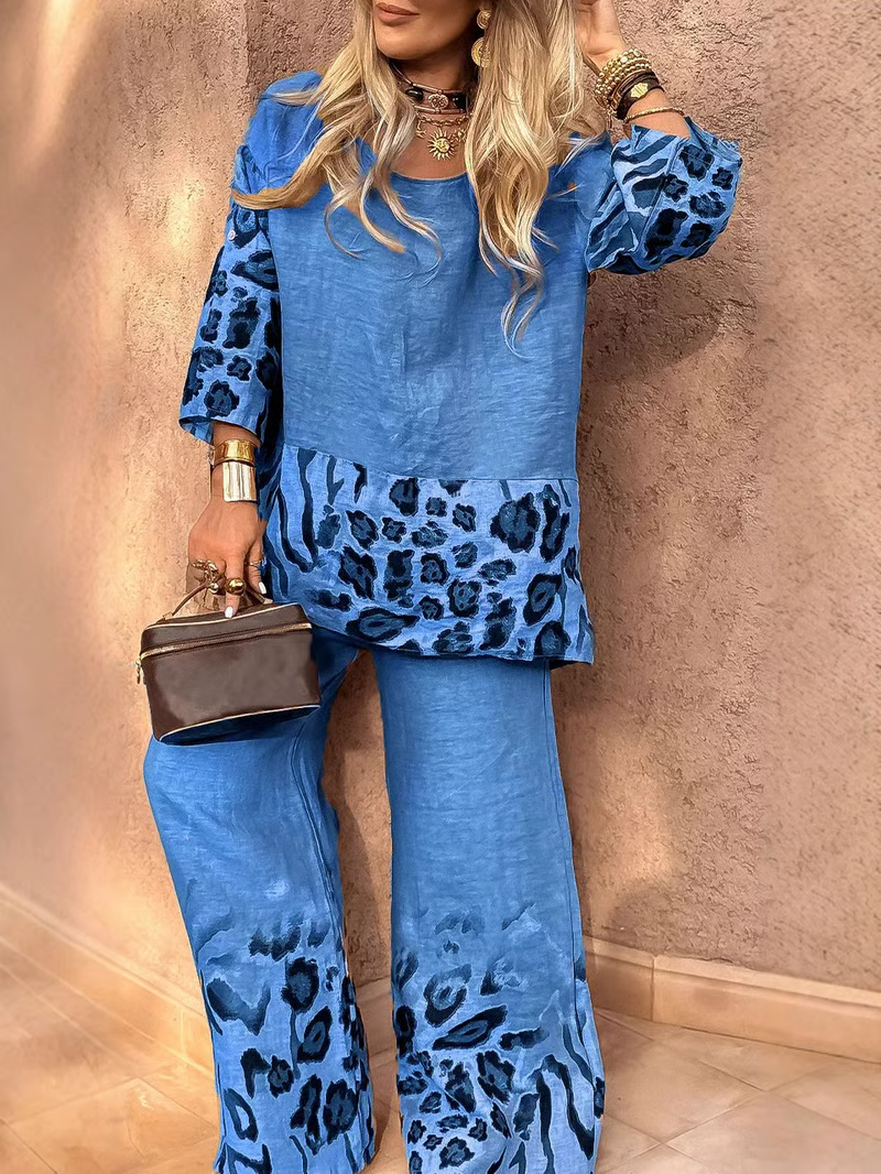 Women's Round Neck Leopard Print Cotton and Linen Casual Suit