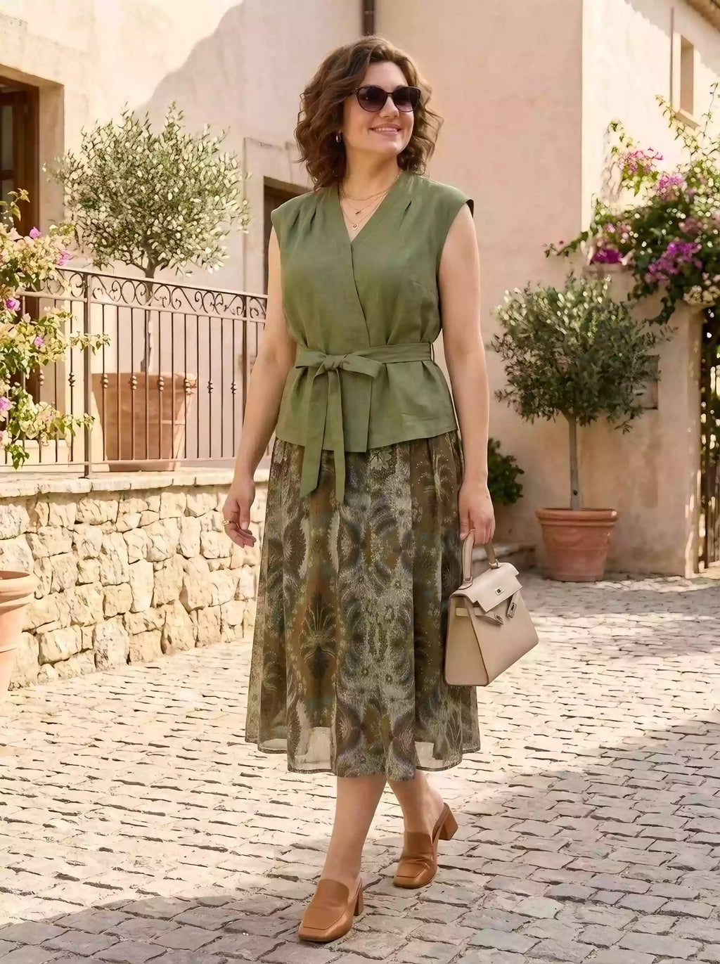 Women's Olive Green V-Neck Wrap Top & Caramel Printed Skirt Set