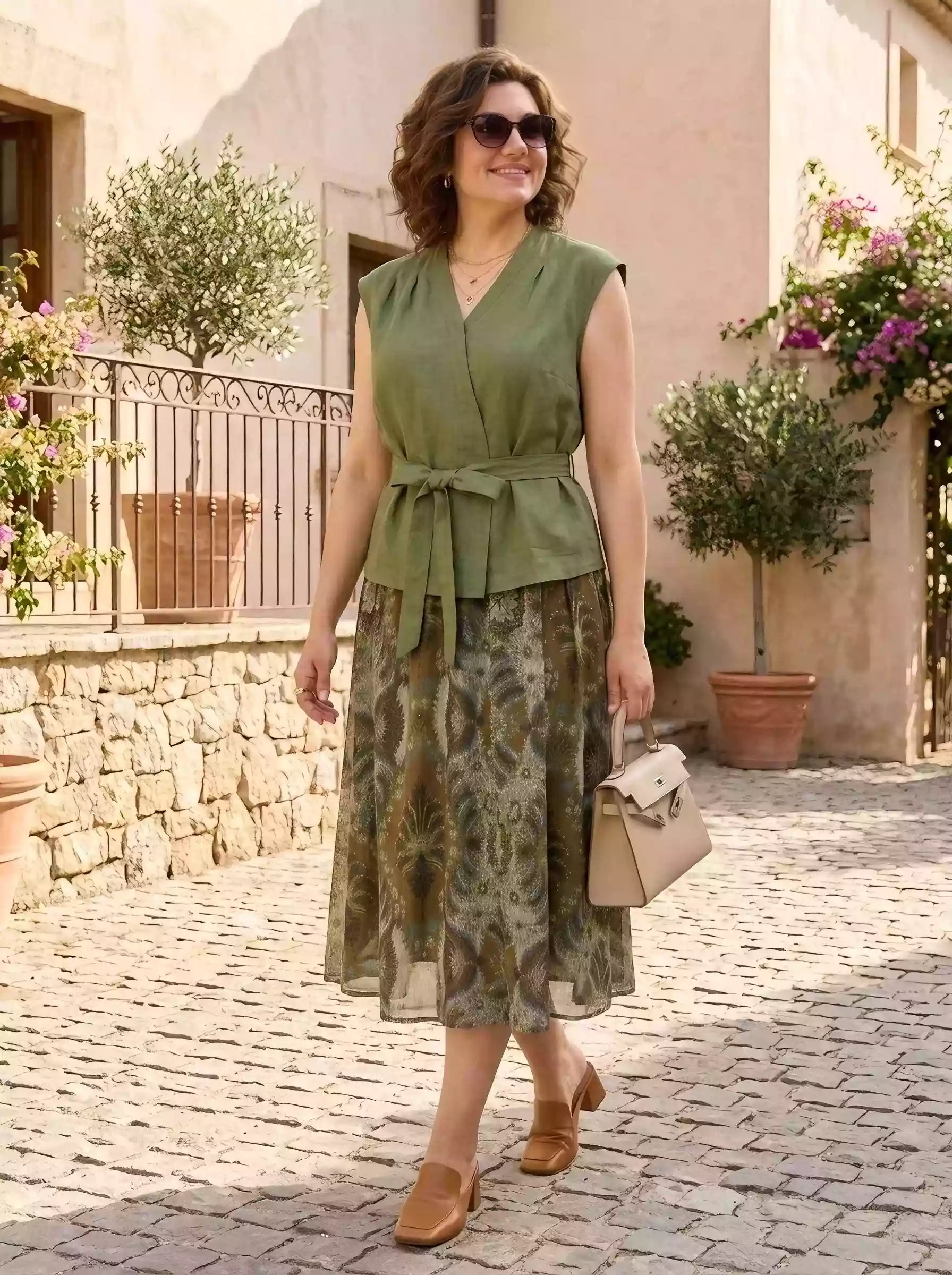 Women's Olive Green V-Neck Wrap Top & Caramel Printed Skirt Set