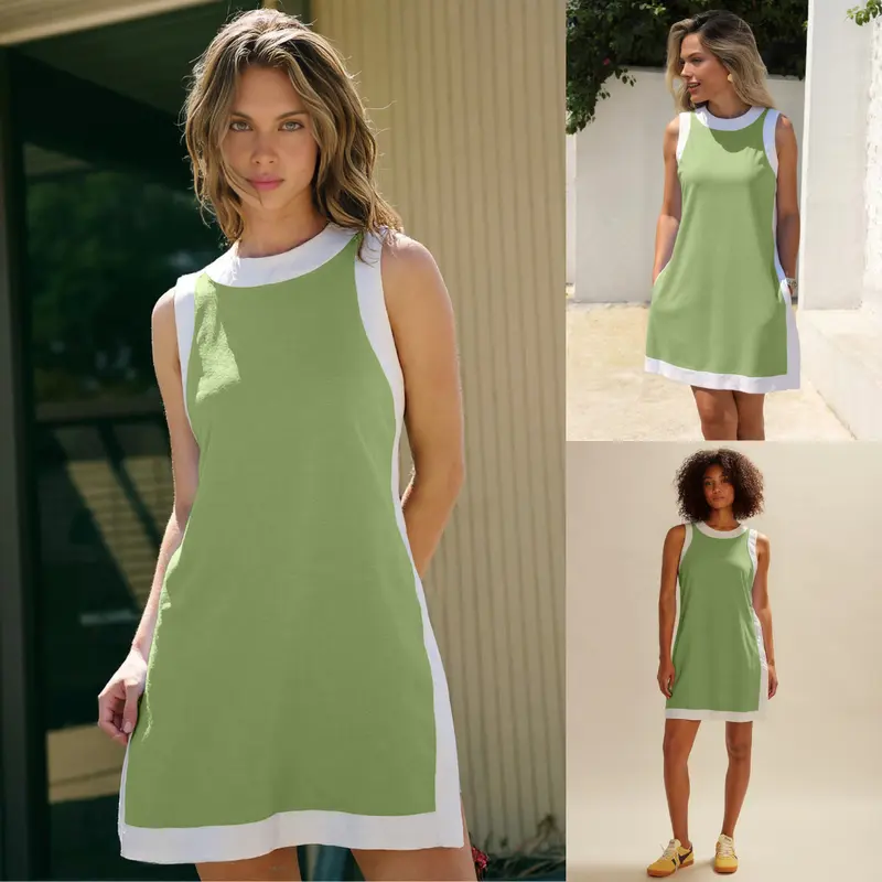 ⏰🔥LAST DAY 57% OFF - Women's Cotton 2-Piece Sets Color Block Crewneck Sleeveless Top + Skirt & Shorts w/ Pockets