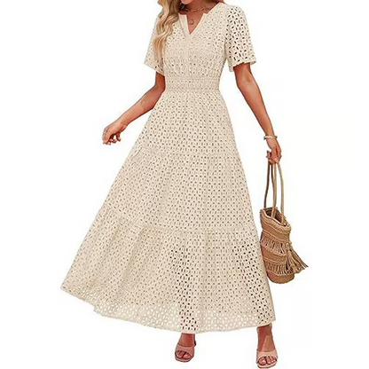 2025 Womens Summer V Neck Maxi Dress Short Sleeve Hollow Out Flowy Beach Dress