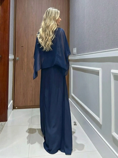 Elegant Blue Chiffon Cape Top & Wide-Leg Pants Two-Piece Set