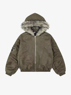 Gothic Cross Faux Fur Hooded Puffer Bomber Jacket