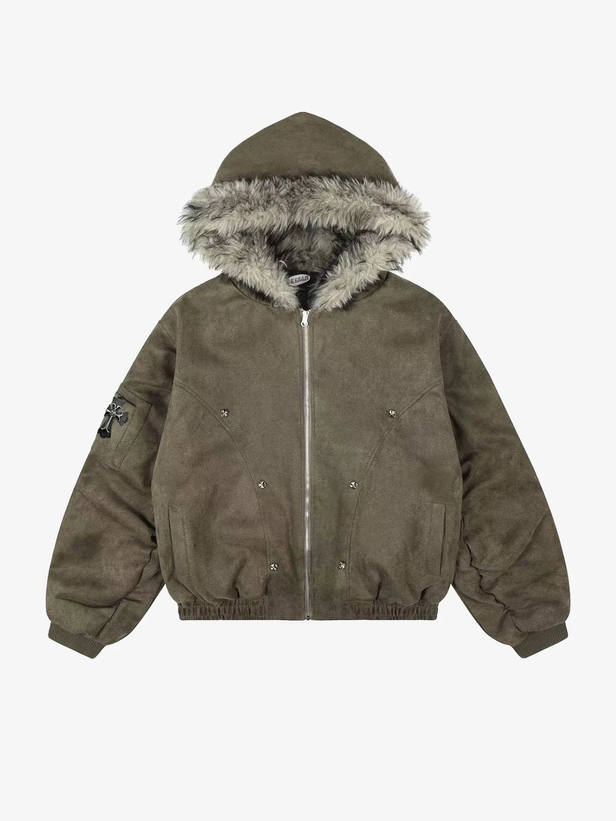 Gothic Cross Faux Fur Hooded Puffer Bomber Jacket