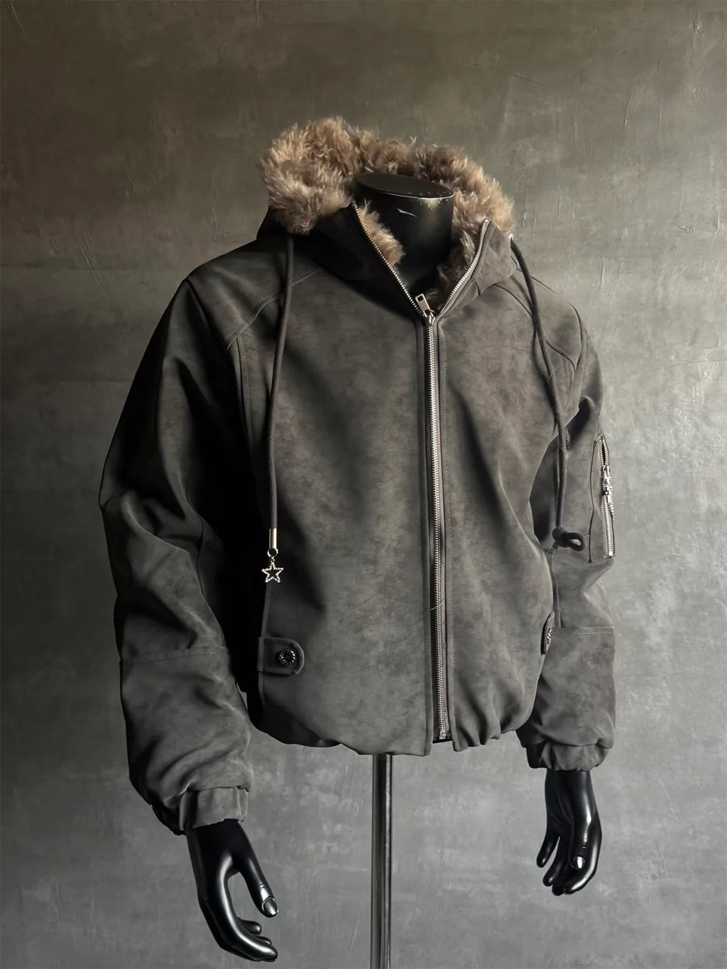 Fur-Trimmed Star-Pendant Suede-Finish Hooded Bomber Jacket