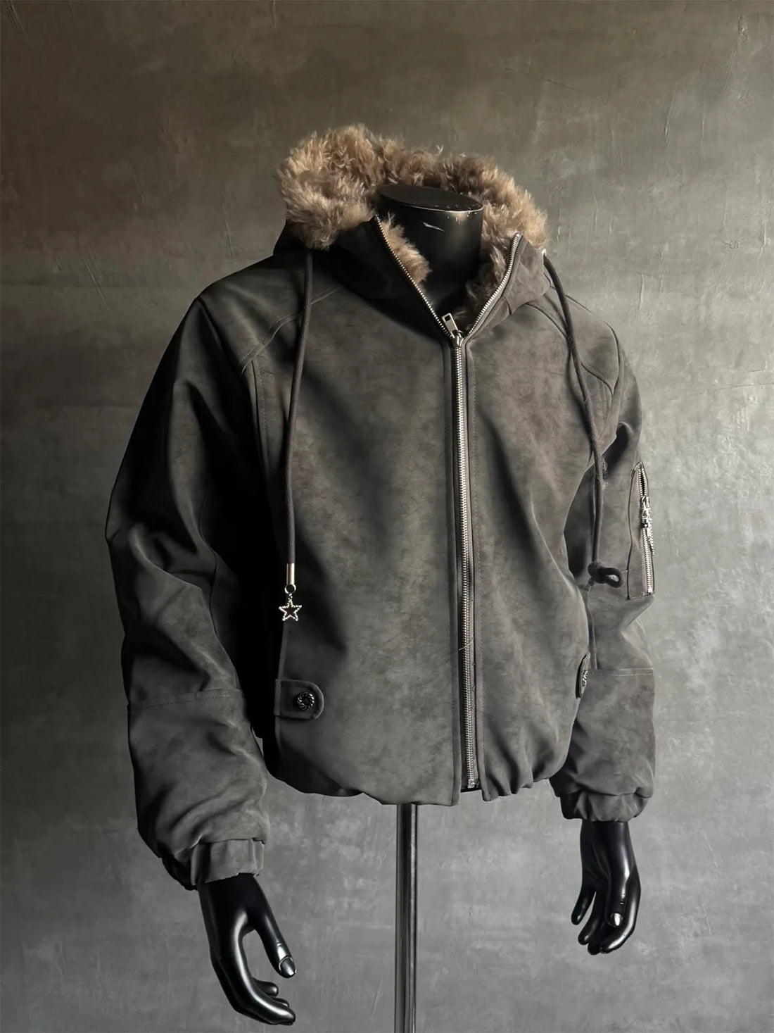 Fur-Trimmed Star-Pendant Suede-Finish Hooded Bomber Jacket