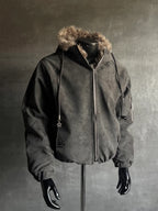 Fur-Trimmed Star-Pendant Suede-Finish Hooded Bomber Jacket