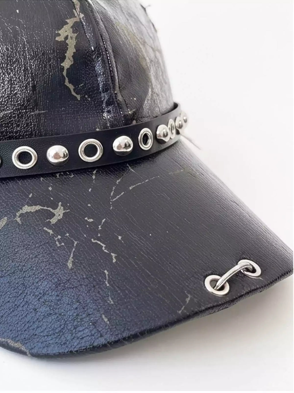 Distressed Studded Dog-Ear Faux Leather Cap