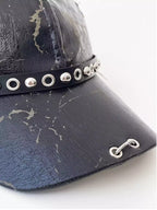 Distressed Studded Dog-Ear Faux Leather Cap