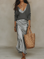 Effortless Ivory Knit & Satin Midi Ensemble