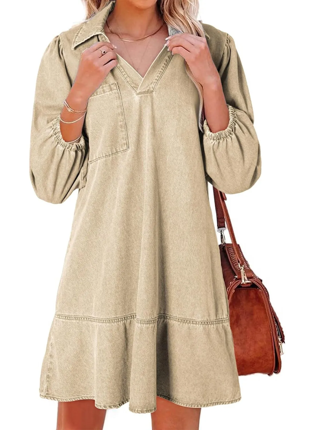 Women's V-neck Puff Sleeve Denim Layered Dress(BUY 2 FREE SHIPPING)