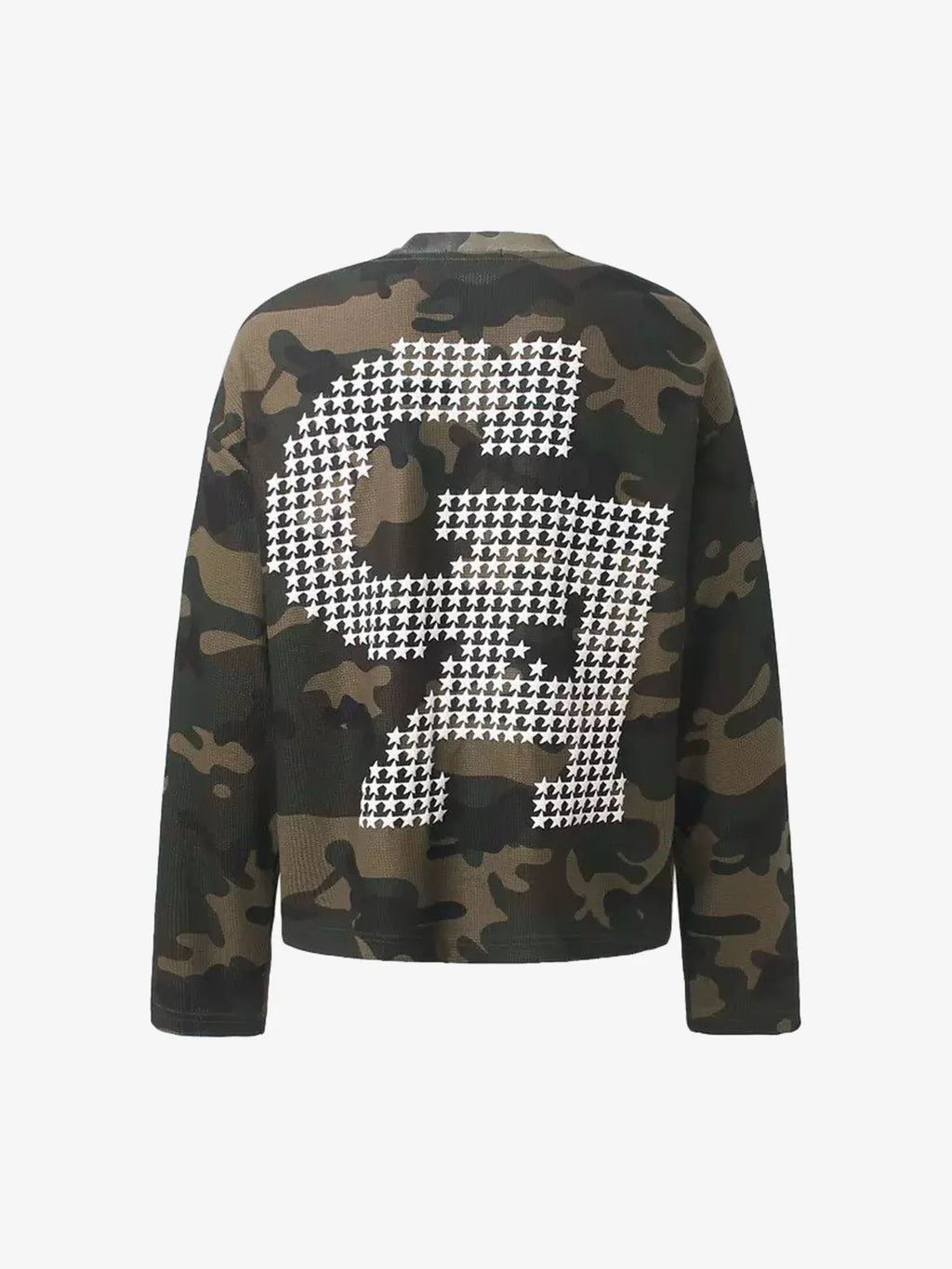Camo-Print Graphic-Letter Waffle-Knit Long-Sleeve Shirt
