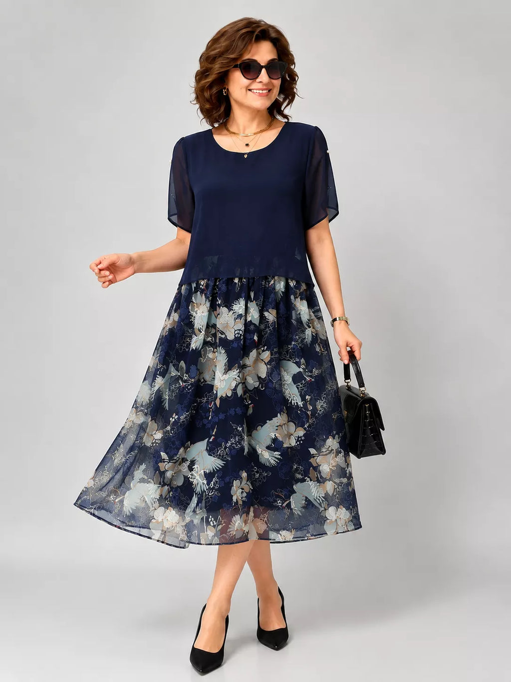 Elegant Navy Blue Floral Midi Dress for Women
