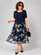 Elegant Navy Blue Floral Midi Dress for Women