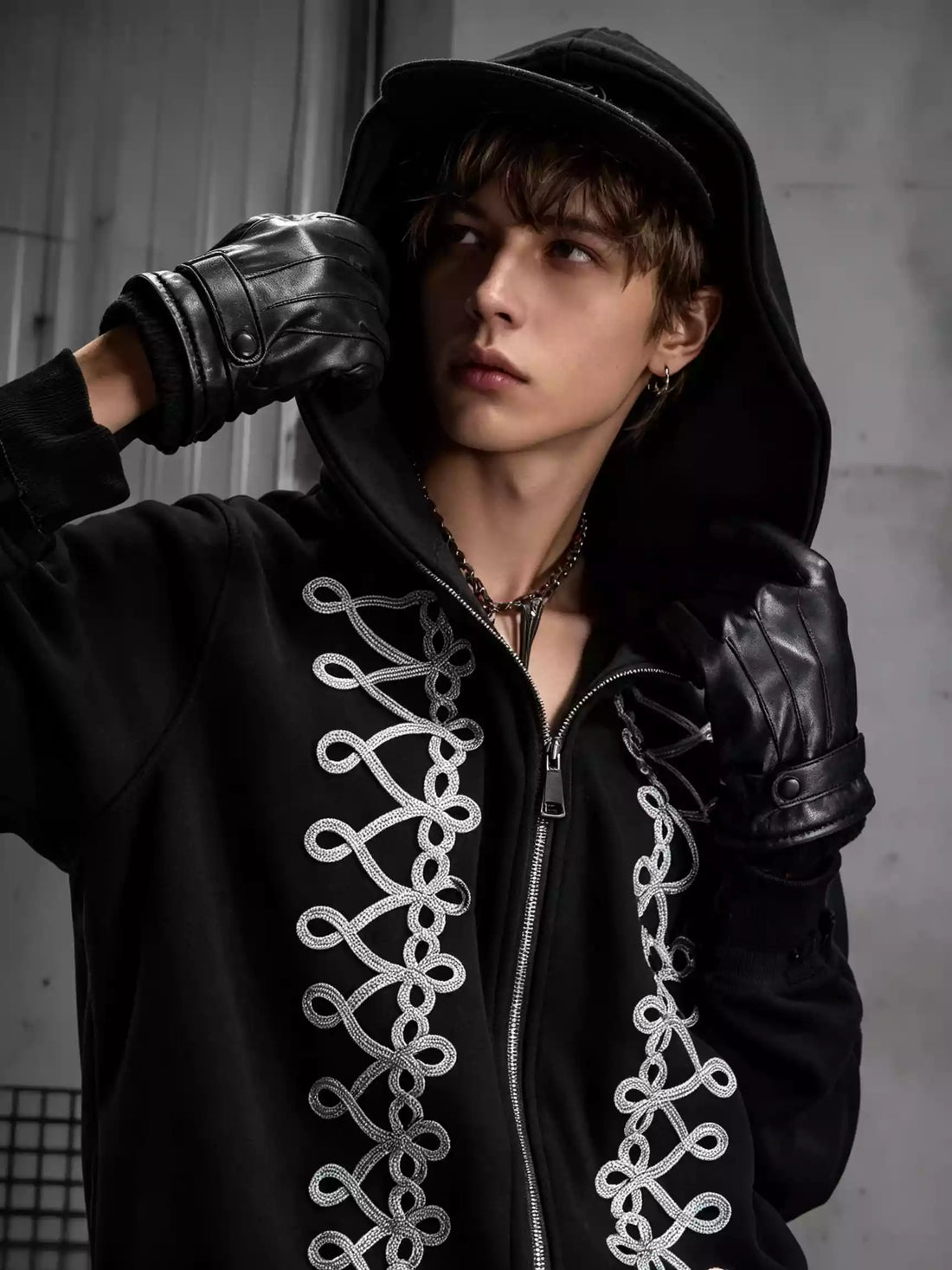Lace-Up Rope Detail Zip-Up Hoodie