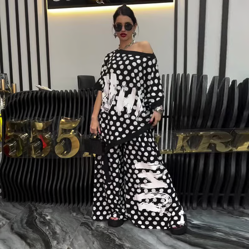 Trendy Polka Dot Print Set for Women: Oversized Top and Wide-Leg Pants