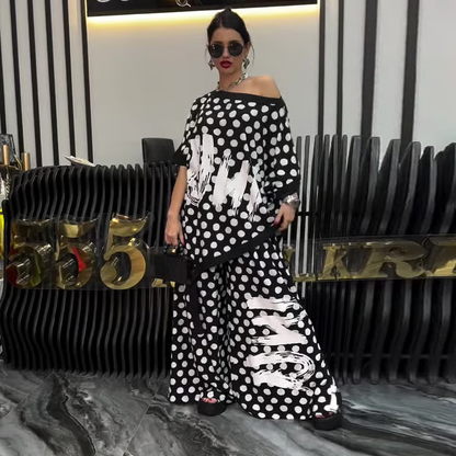 Trendy Polka Dot Print Set for Women: Oversized Top and Wide-Leg Pants