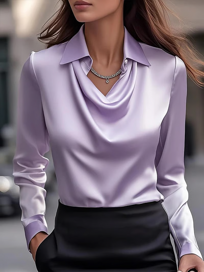 Elegant White Satin Blouse with Draped Neckline