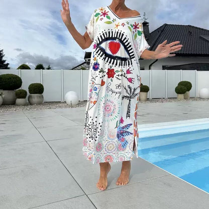 ⏳Time-limited Special⏰Women’s Fashion Print Short Sleeve V-Neck Dress