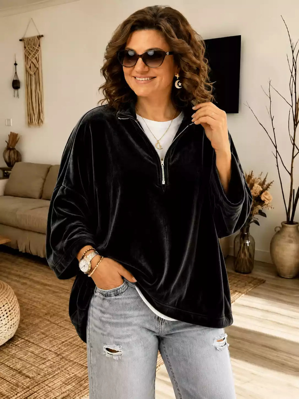 Women's Luxury Velvet Half Zip Pullover Top
