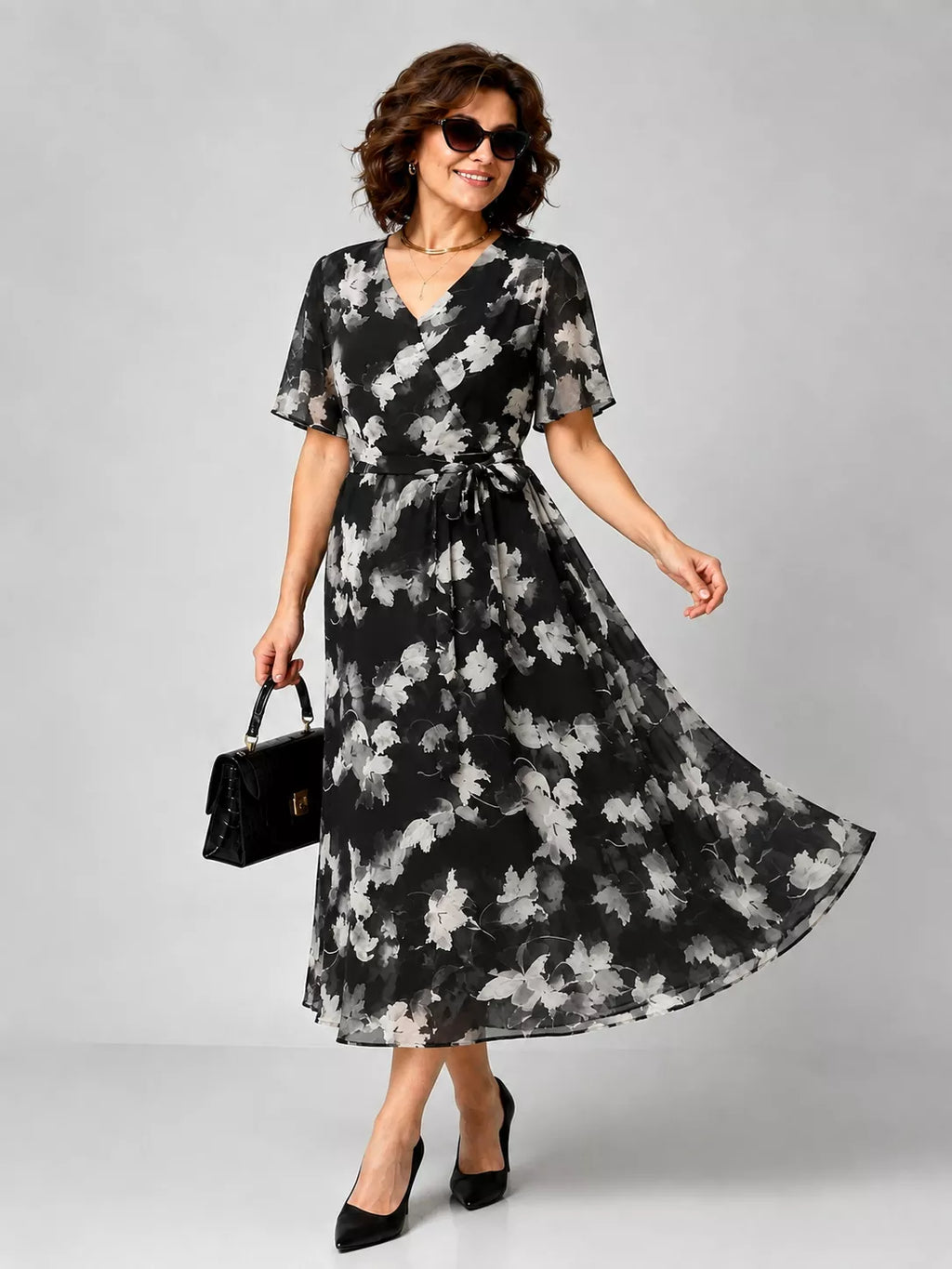 V Neck Cinched Waist Chiffon Dress
