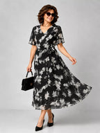 V Neck Cinched Waist Chiffon Dress