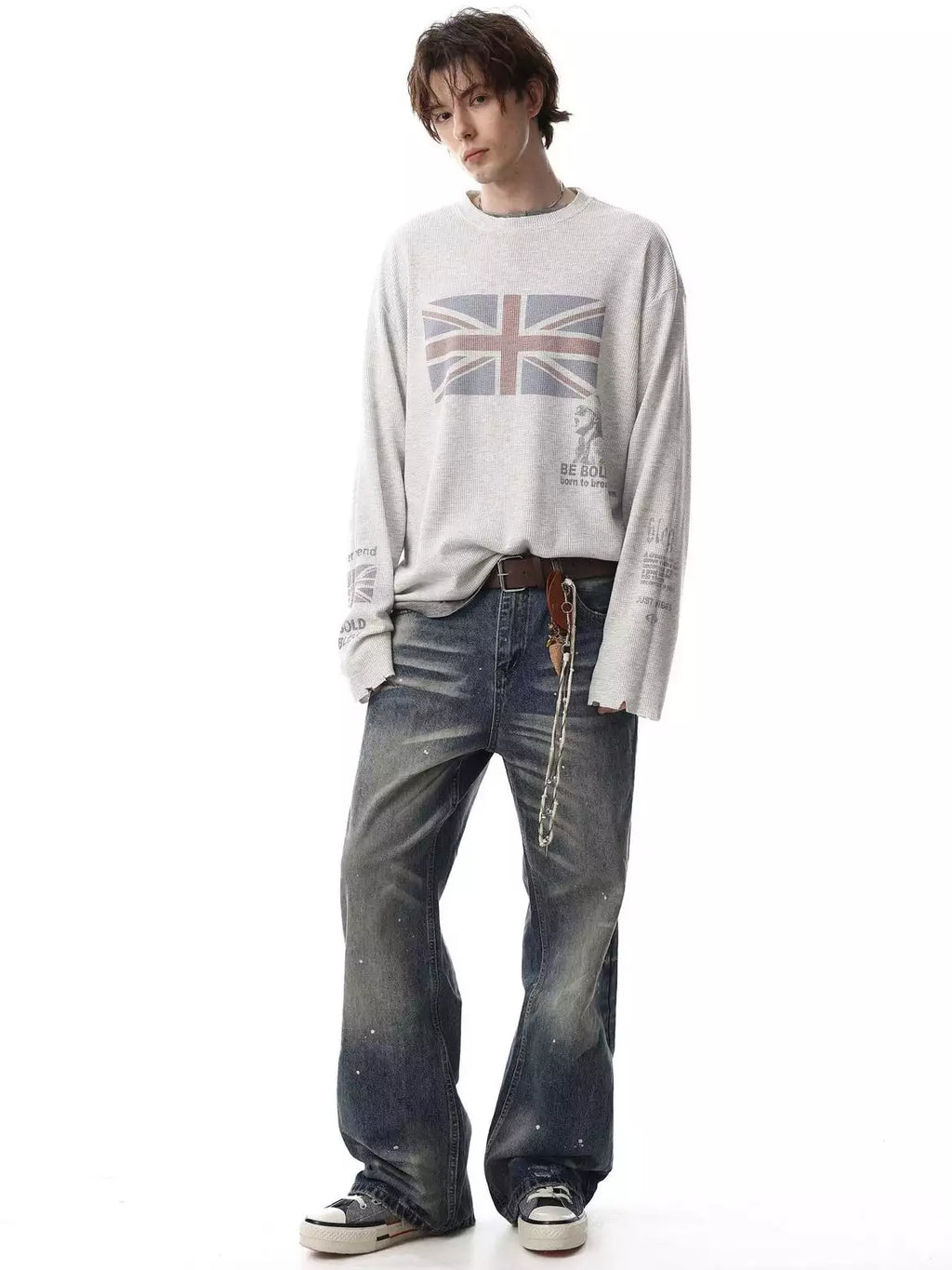Union-Jack Waffle-Knit Distressed Long-Sleeve Shirt