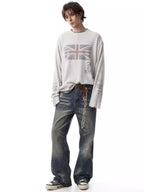 Union-Jack Waffle-Knit Distressed Long-Sleeve Shirt