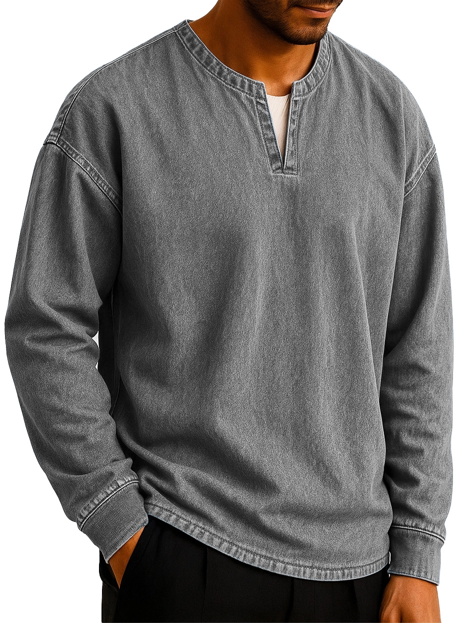 Men's Stylish Casual Outdoor V-neck Distressed Loose-fitting Long-sleeved T-shirt