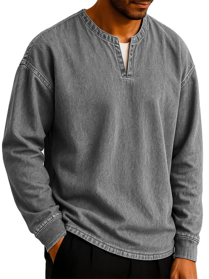 Men's Stylish Casual Outdoor V-neck Distressed Loose-fitting Long-sleeved T-shirt