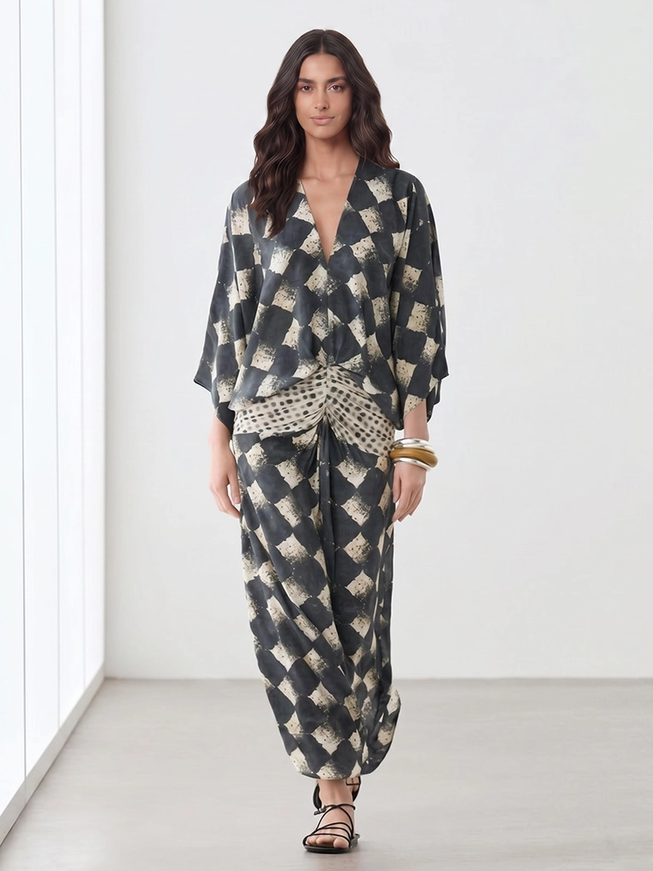 Casual Abstract Plaid Print Kimono Sleeve Maxi Dress