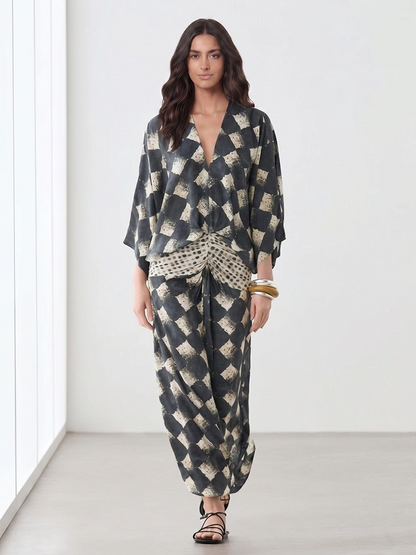 Casual Abstract Plaid Print Kimono Sleeve Maxi Dress