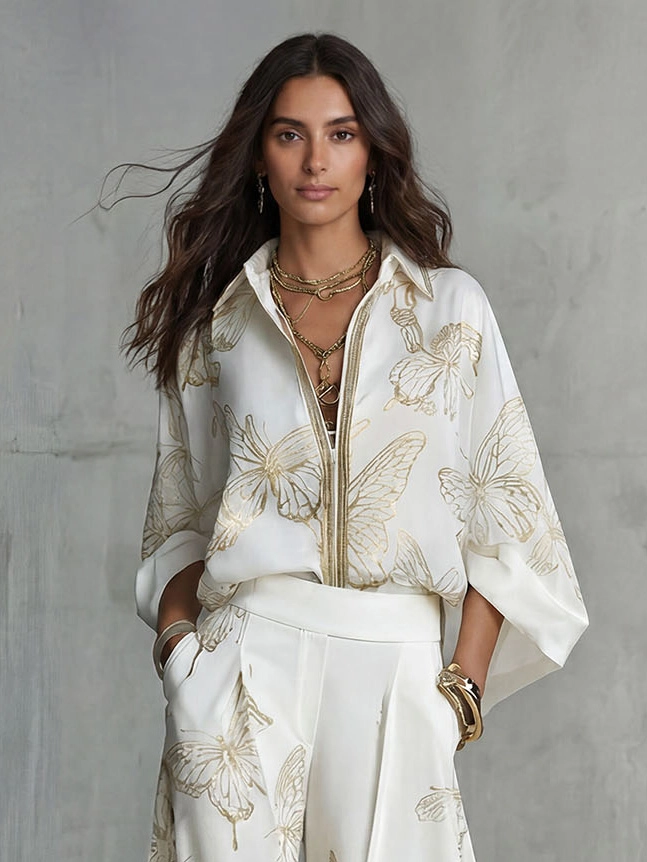 Elegant Butterfly Print Zip-Up Top & Wide Leg Pants Set