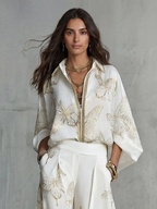 Elegant Butterfly Print Zip-Up Top & Wide Leg Pants Set