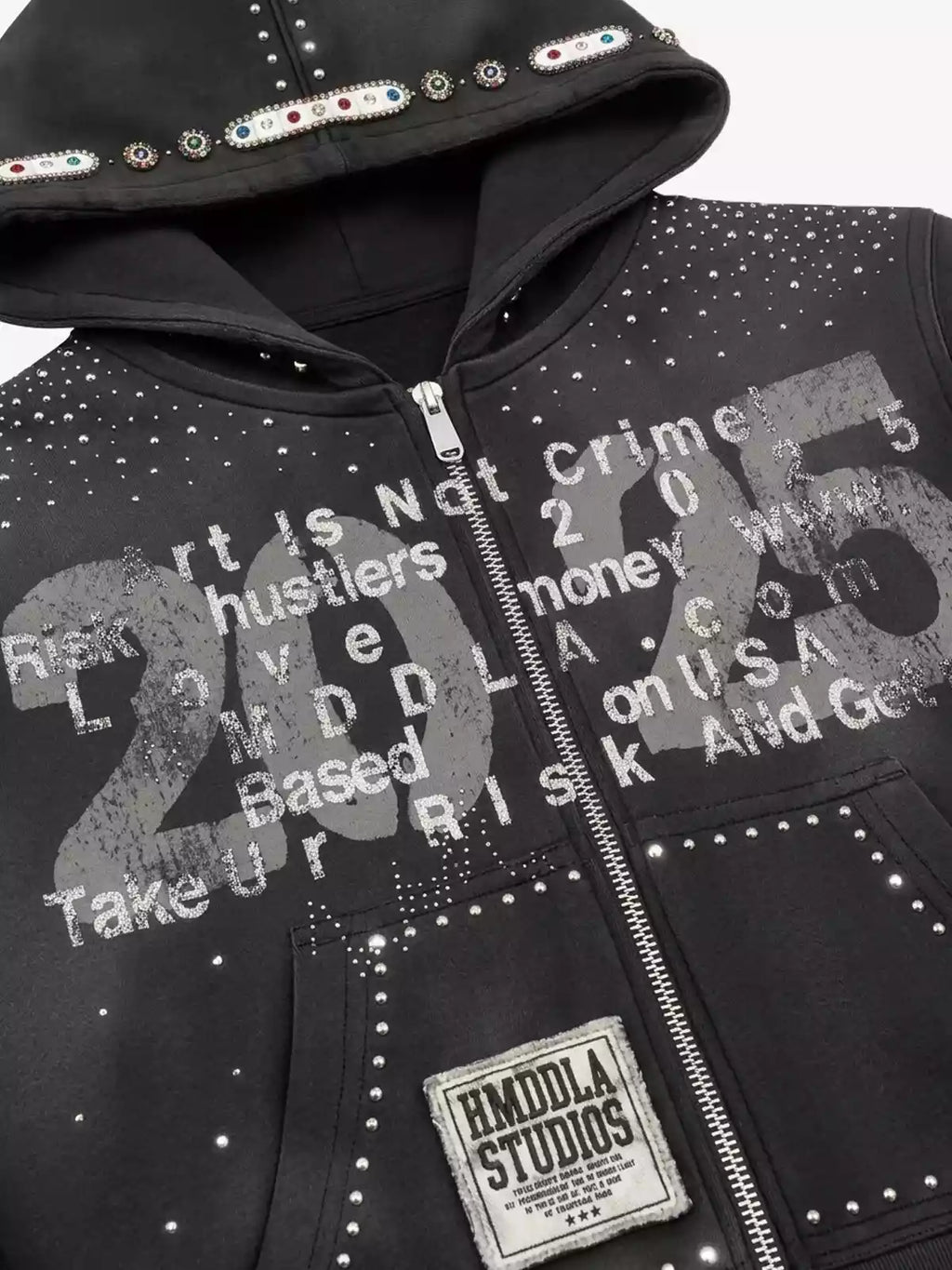 Studded Flame Streetwear Zip-Up Hoodie