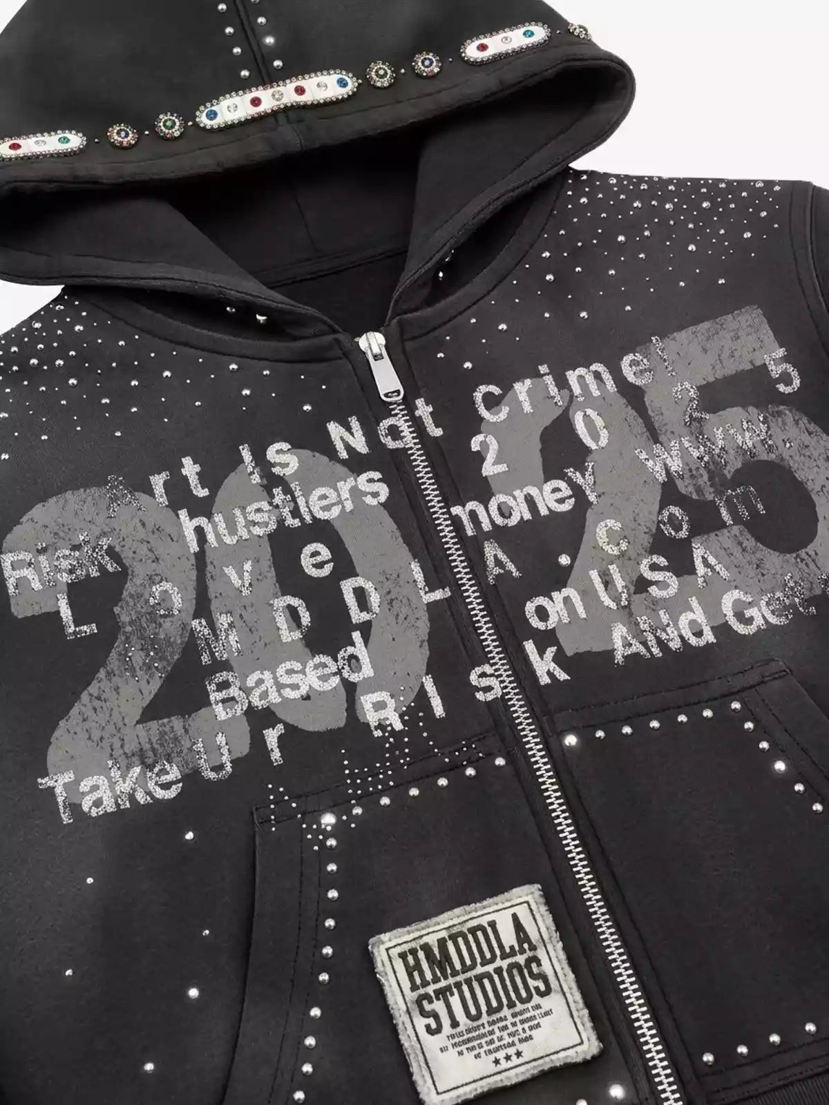 Studded Flame Streetwear Zip-Up Hoodie