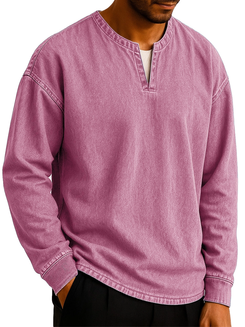 Men's Stylish Casual Outdoor V-neck Distressed Loose-fitting Long-sleeved T-shirt