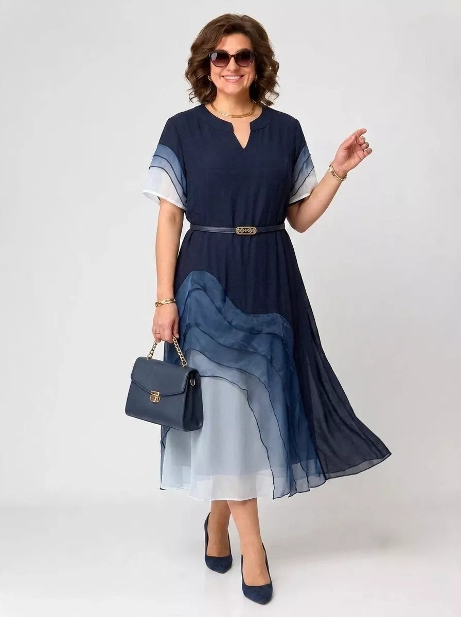 Elysian Gradient Tiered Chiffon Midi Dress in Navy