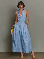 Women's Minimalist Striped Lapel Sleeveless Maxi Dress