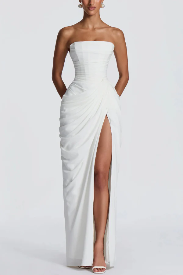 Cyra Back Lace-up Asymmetrical Pleats Strapless Slit Maxi Dress