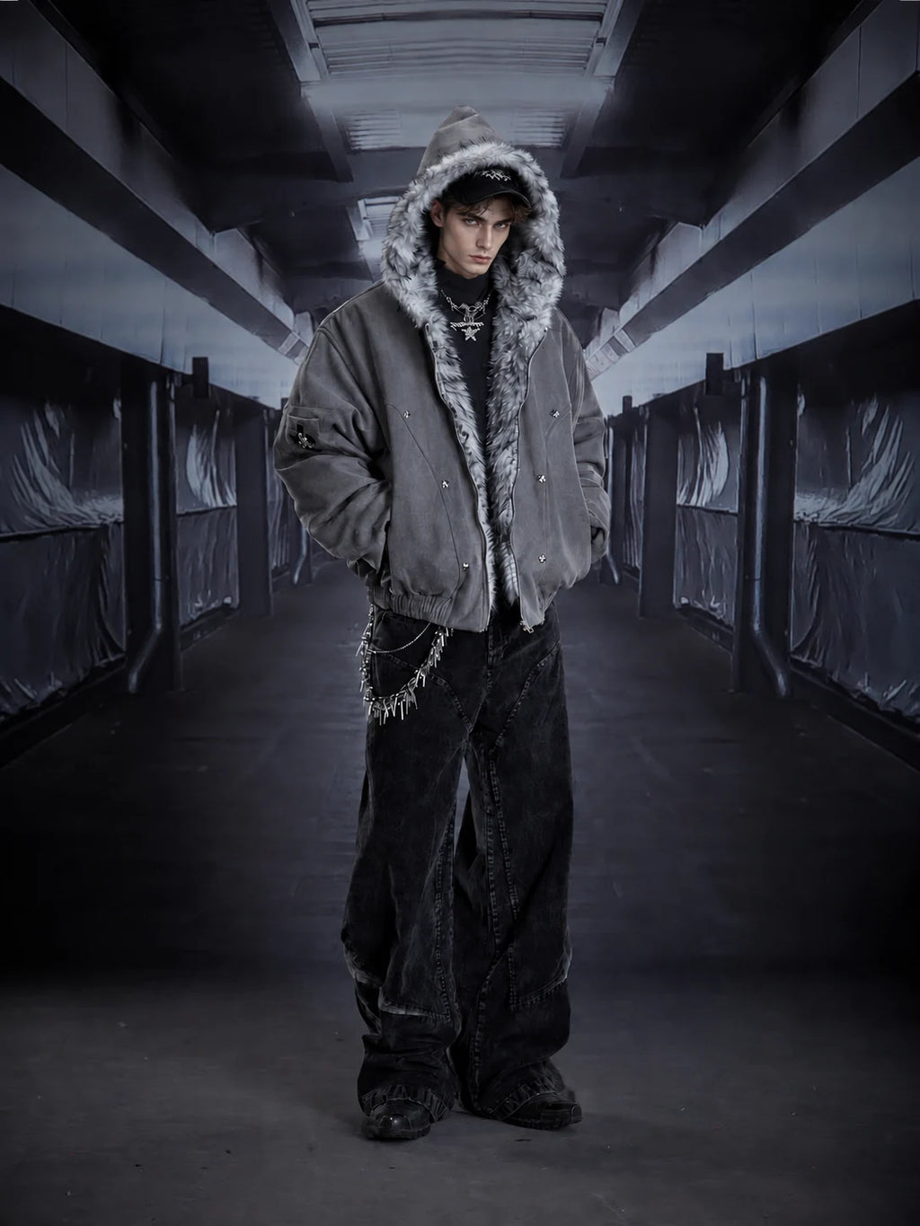 Gothic Cross Faux Fur Hooded Puffer Bomber Jacket