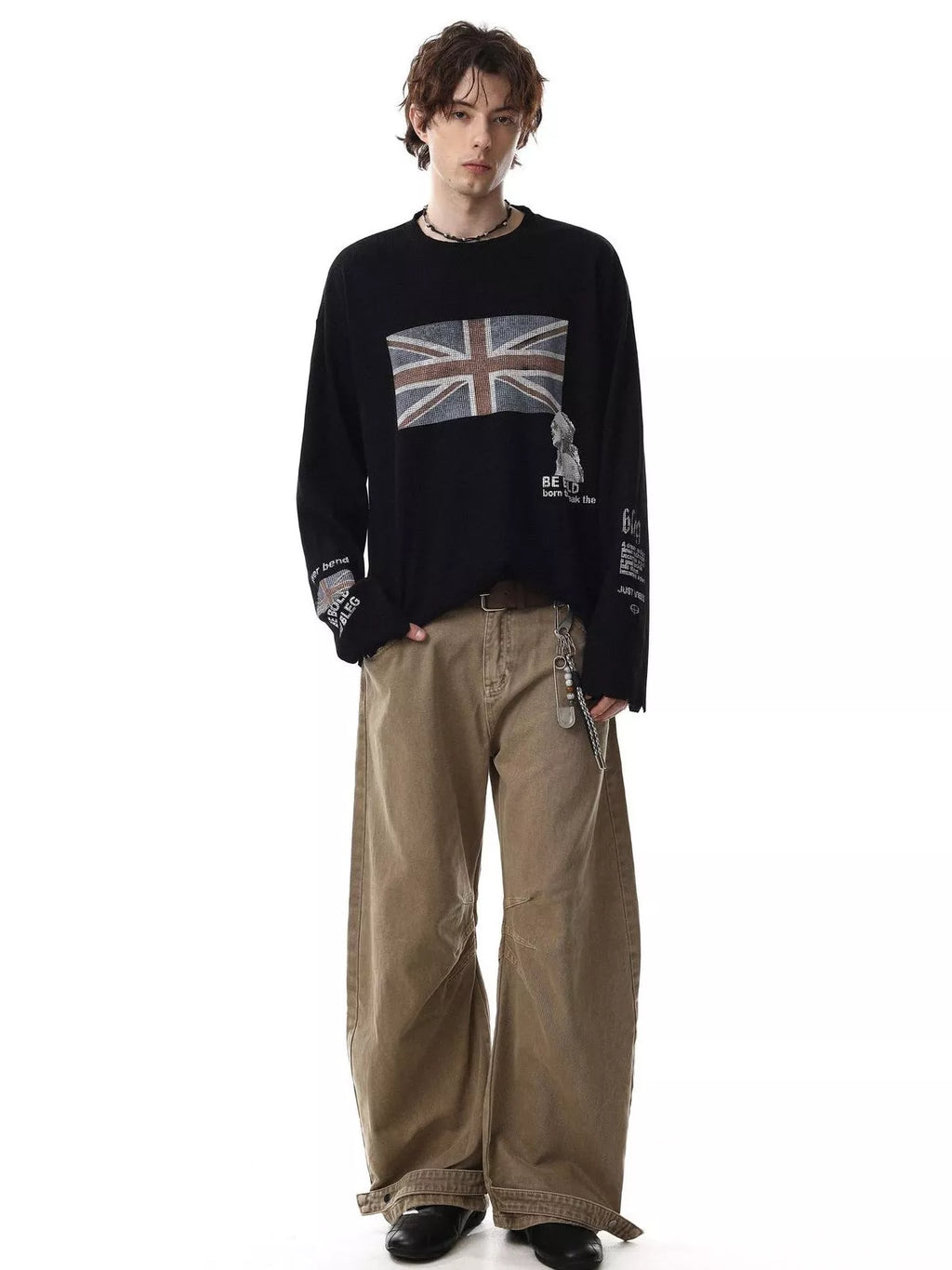 Union-Jack Waffle-Knit Distressed Long-Sleeve Shirt