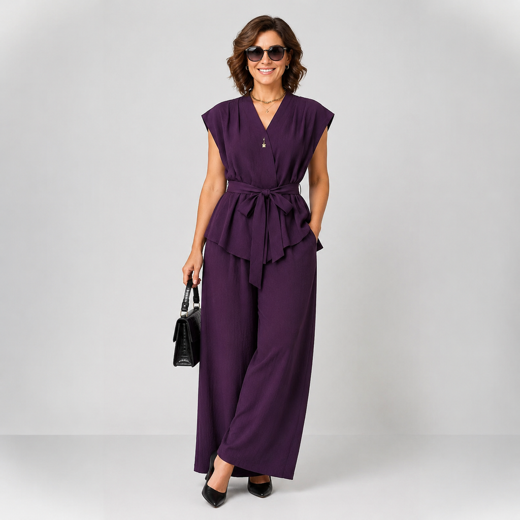 Sophisticated V-Neck Wrap Top & Wide-Leg Pants Ensemble