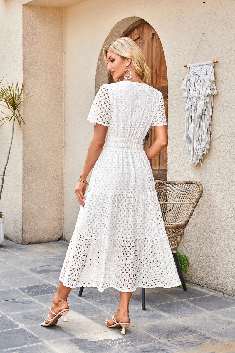 2025 Womens Summer V Neck Maxi Dress Short Sleeve Hollow Out Flowy Beach Dress
