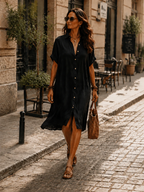 Modern Boho Effortless Black Linen Relaxed Midi Dress