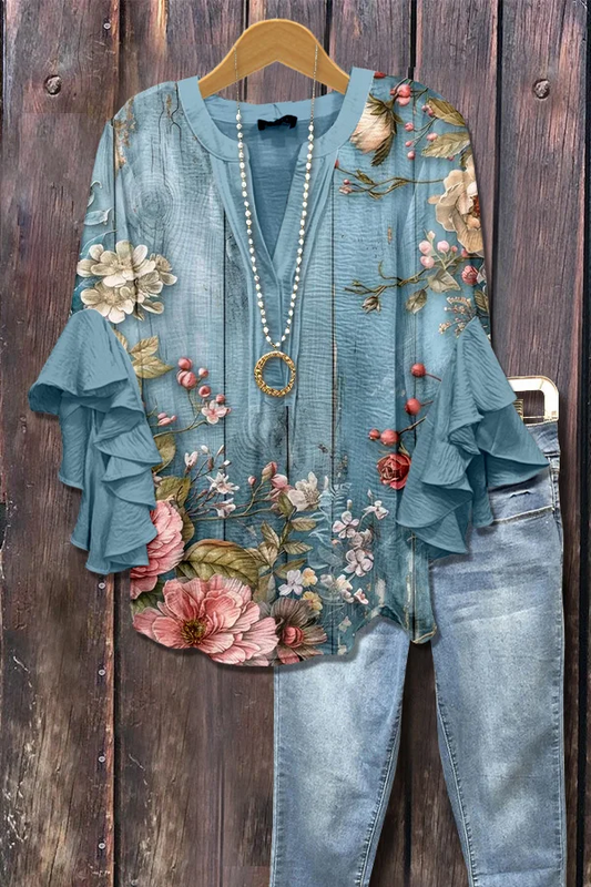 Vintage Floral Print Ruffle Sleeve Top